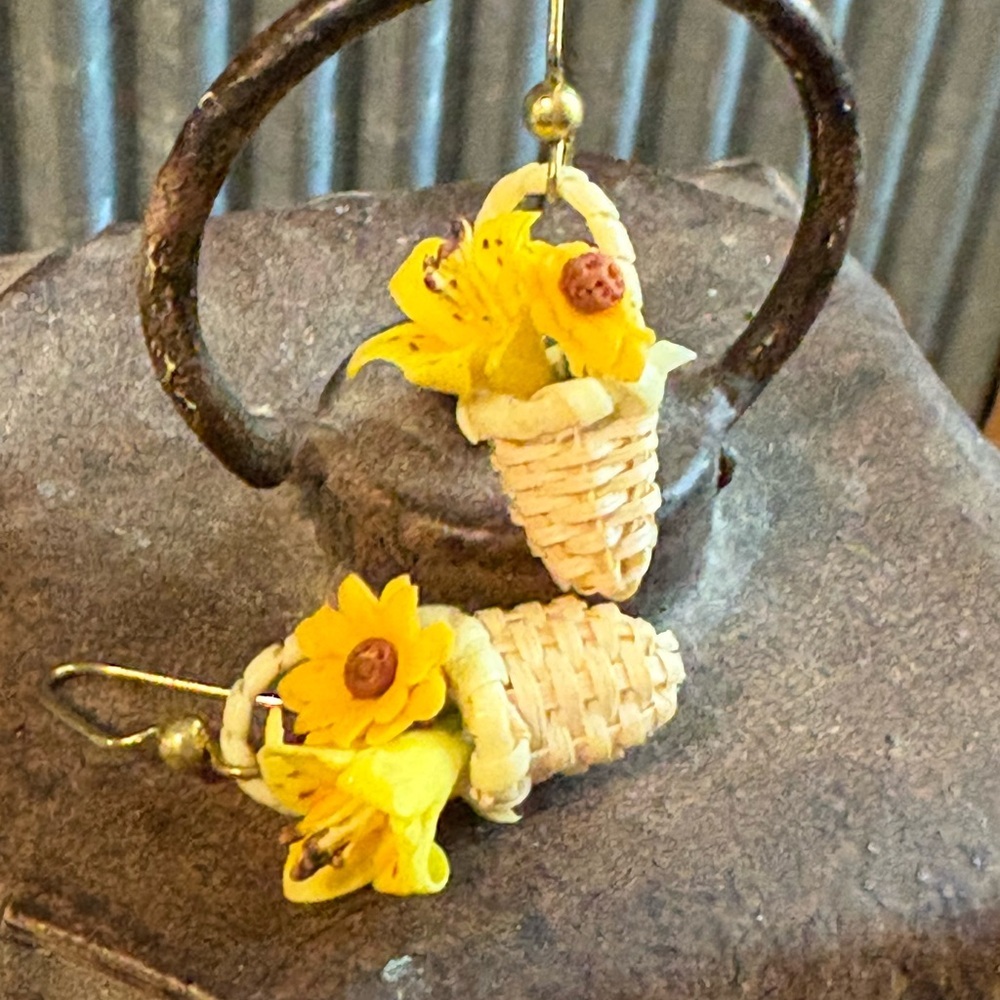 Floral‎ Basket Earrings with Yellow Accents
